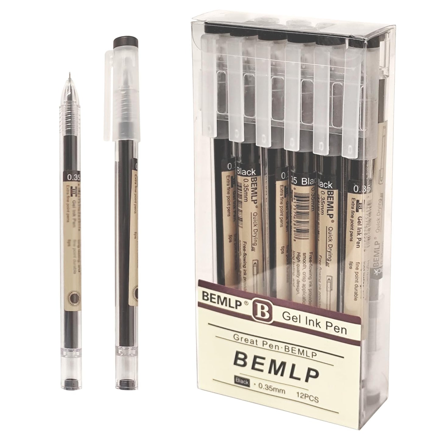 Set of 12 black gel ink pens with quick-drying fine point