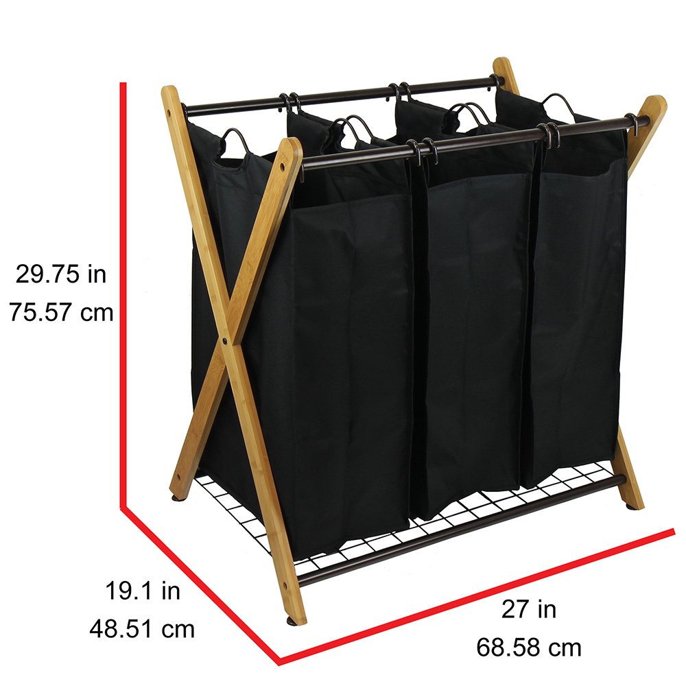 XBS1484 Bamboo 3-Bag Laundry Sorter Black, 29.75 in. H x 19.10 in. W x 27 in.