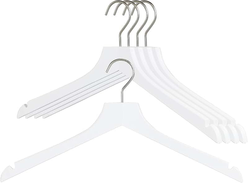 Set of 5 White Beech Wood Shoulder Notched Hangers