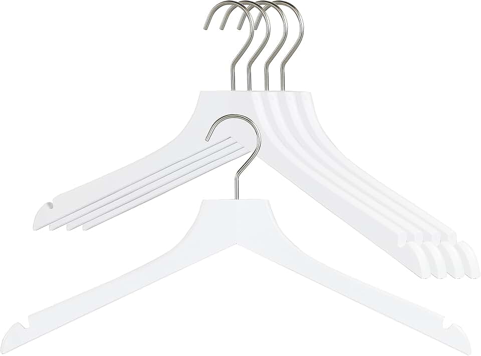 Set of 5 White Beech Wood Shoulder Notched Hangers