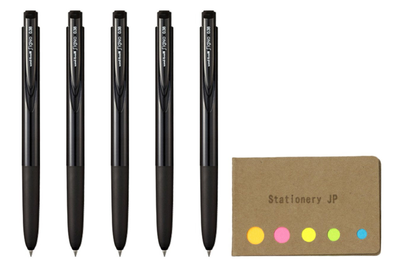 Set of five black ink gel pens with rubber grips