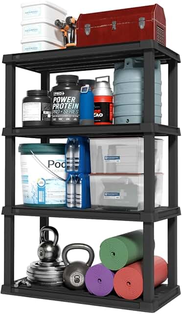 Heavy Duty Plastic Storage Shelves, 4 Tiers, 600lb Capacity