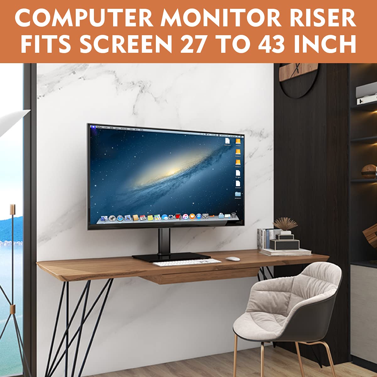 Single Monitor Stand Freestanding 27-43 Inch Monitor Arm Curved Screen Monitor Mount Tempered Glass Base Adjustable Motion Tilt -15 to 10 Swivel 45 Rotation 360 Weight Capacity 77lbs HT05B-003