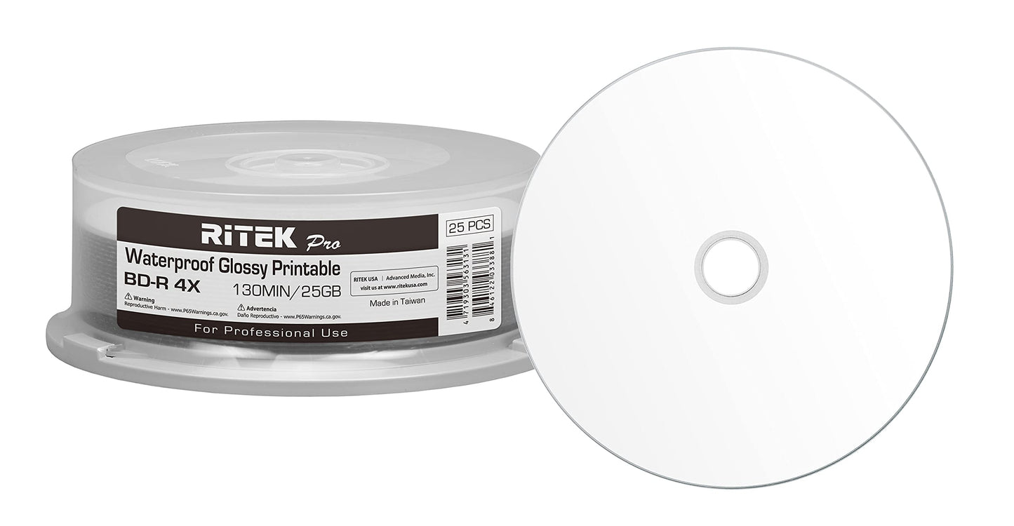 25 Pack (Professional Grade) BD-R Blu-ray 4X 25GB Watershield Water Resistant Glossy White Inkjet Hub Printable Blank Recordable Disc