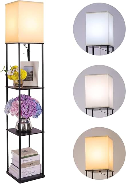 Square floor lamp with shelves and adjustable light