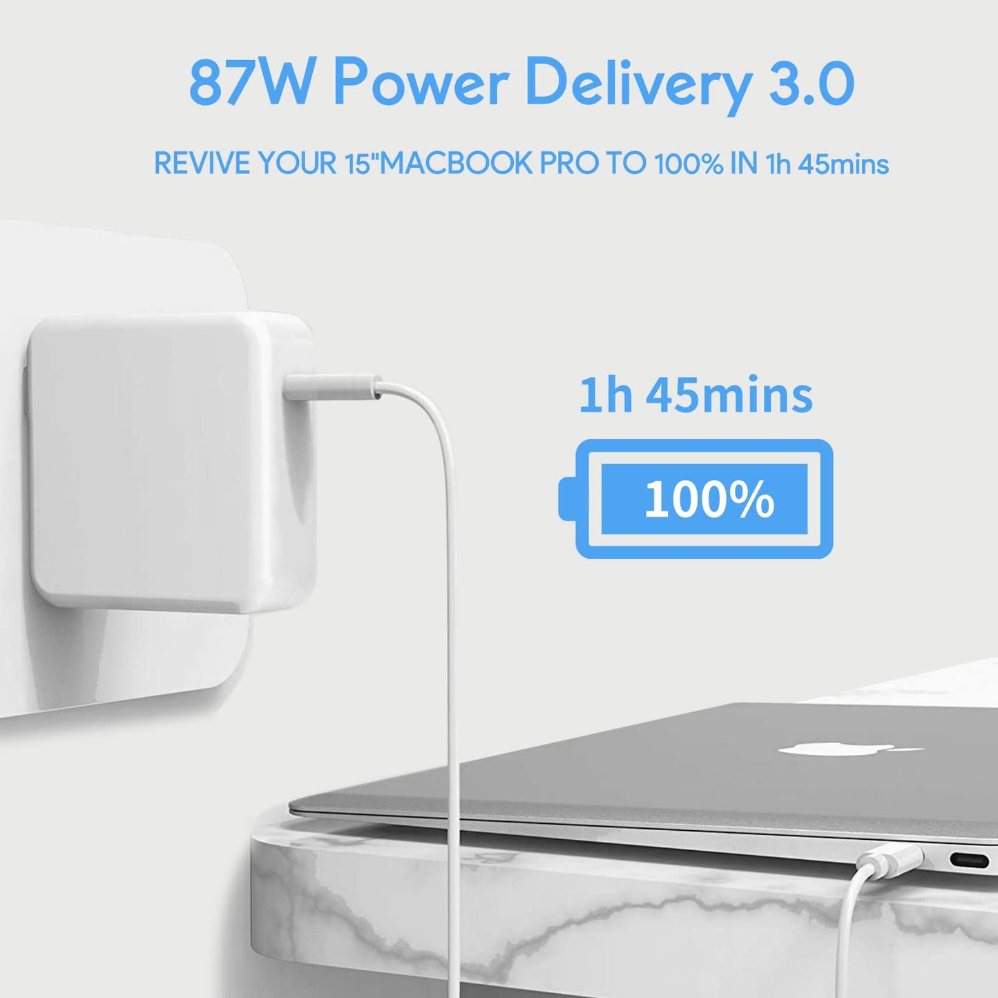 Replacement Mac Book Pro Charger, 87W USB C Power Adapter Compatible with 13/15 Inch After 2016, for Mac Book Air After 2018, Works with USB C 87W 61W 30W 29W, Include Charge Cable6.6Ft