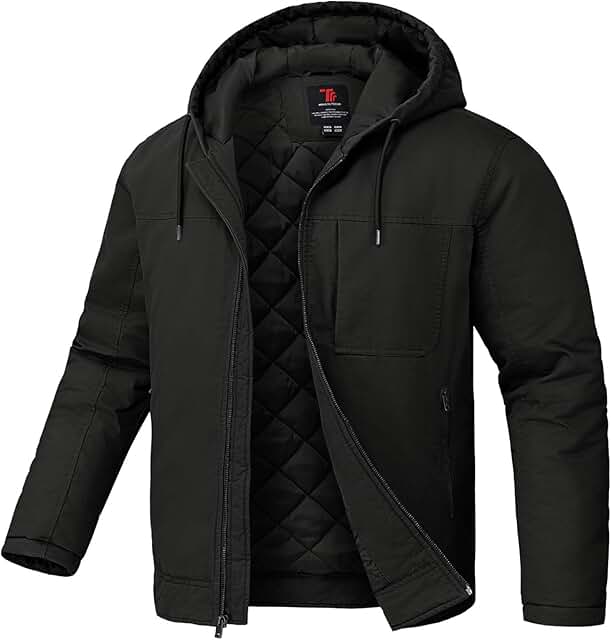 Men's Hooded Quilted Winter Work Jacket with Four Pockets