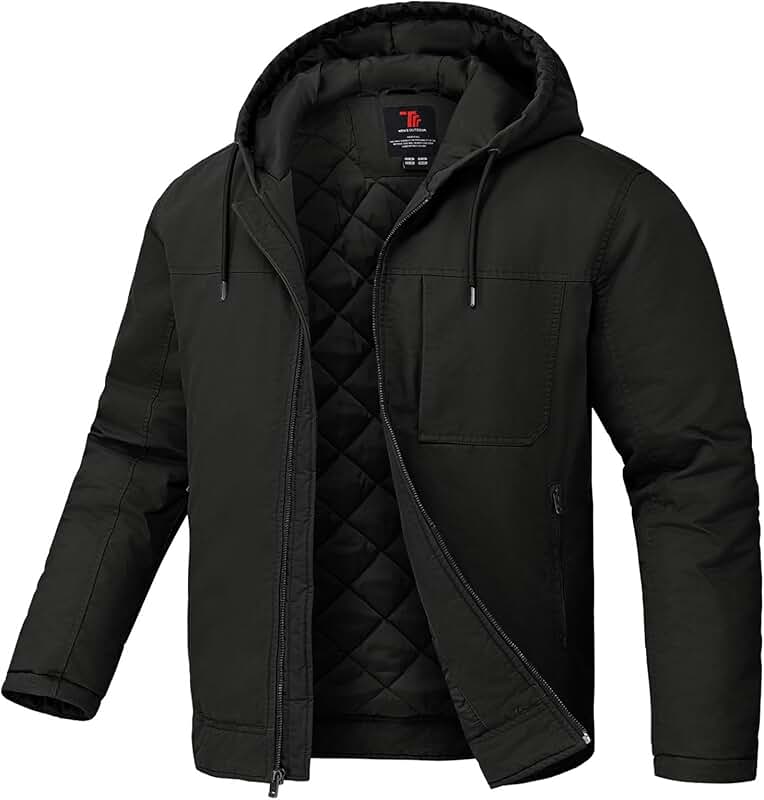 Men's Hooded Quilted Winter Work Jacket with Four Pockets