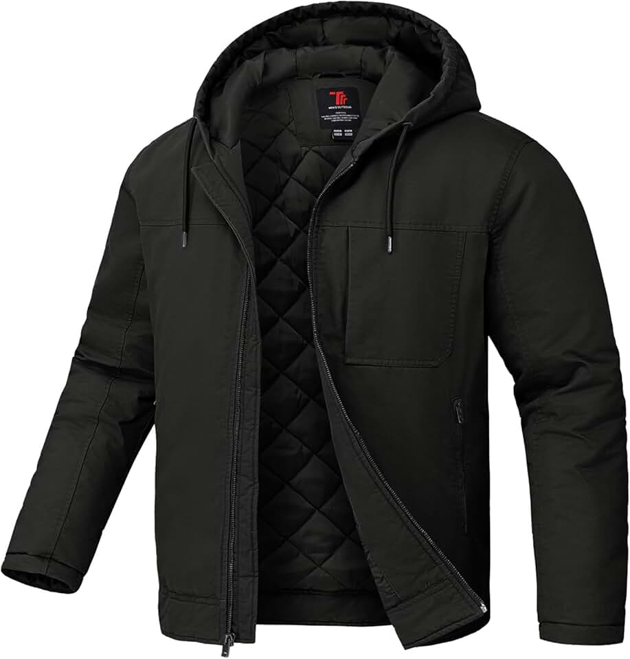 Men's Hooded Quilted Winter Work Jacket with Four Pockets