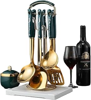 Set of 7 stainless steel kitchen utensils with holder