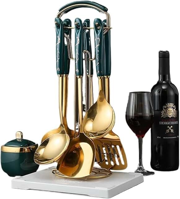 Set of 7 stainless steel kitchen utensils with holder