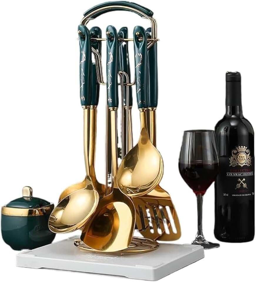 Set of 7 stainless steel kitchen utensils with holder