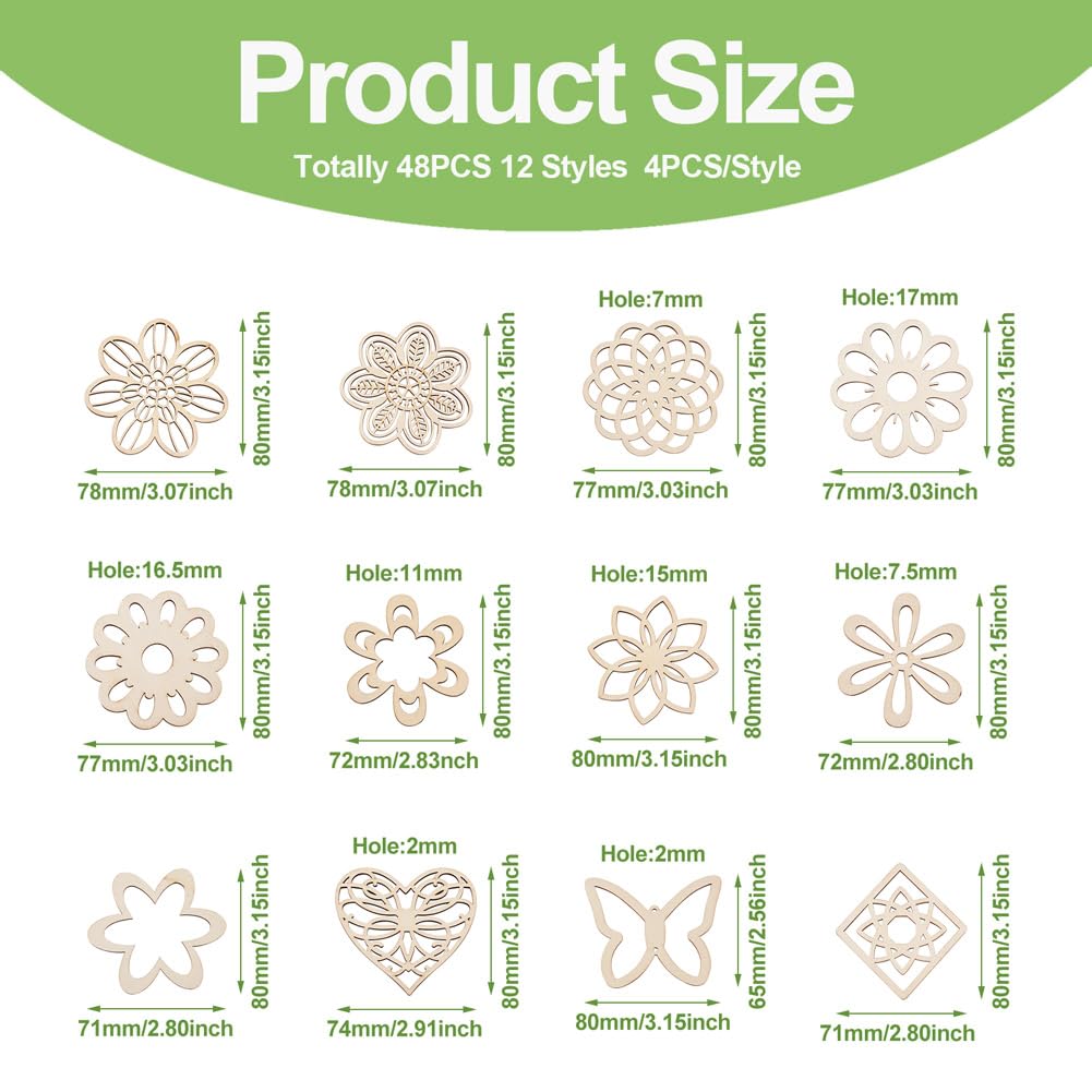 48pcs Unfinished Laser Cut Wood Flower Shapes for Crafting