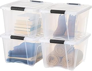 Set of four clear stackable plastic storage bins