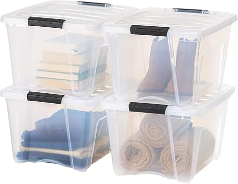 Set of four clear stackable plastic storage bins