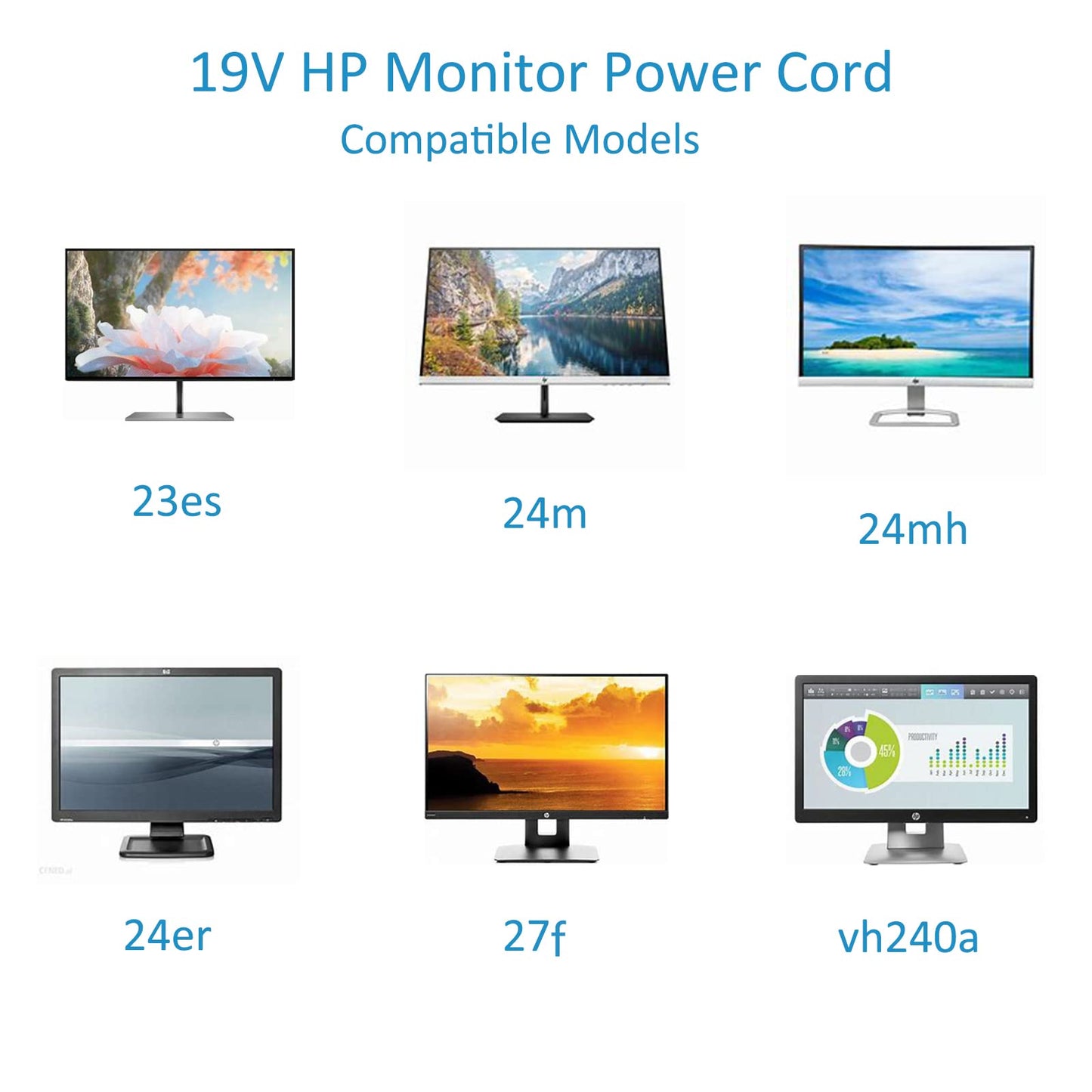 for HP Monitor Power Cord 27" 25" 23.8" 23" 21.5" 20" 19V Power Supply HP Monitor 27f 24f 22cwa 24m 23er 23es 27eb 32f vh240a 24ea 27 25vx 27es ADPC1945 IPS LED Backlit Full HD Display