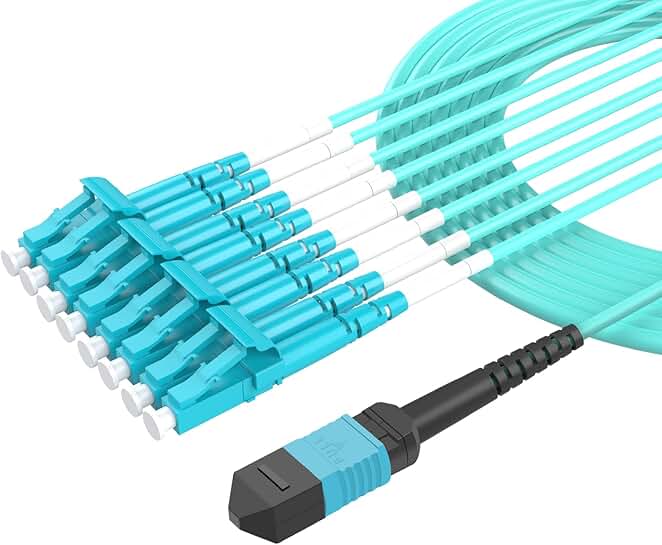 25m OM4 8-Core MPO-LC Fiber Patch Cord, Aqua, 82ft