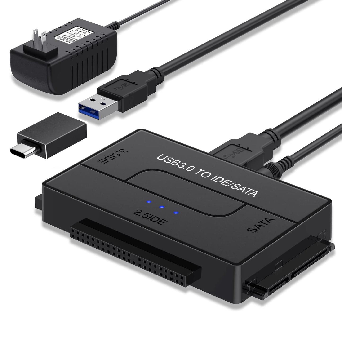 USB 3.0 to SATA IDE Hard Drive Reader, External Hard Drive Converter Universal Hard Drive Adapter Kit for 2.5/3.5 HDD/SSD Hard Drive Disk, Include 12V/2A Power Adapter