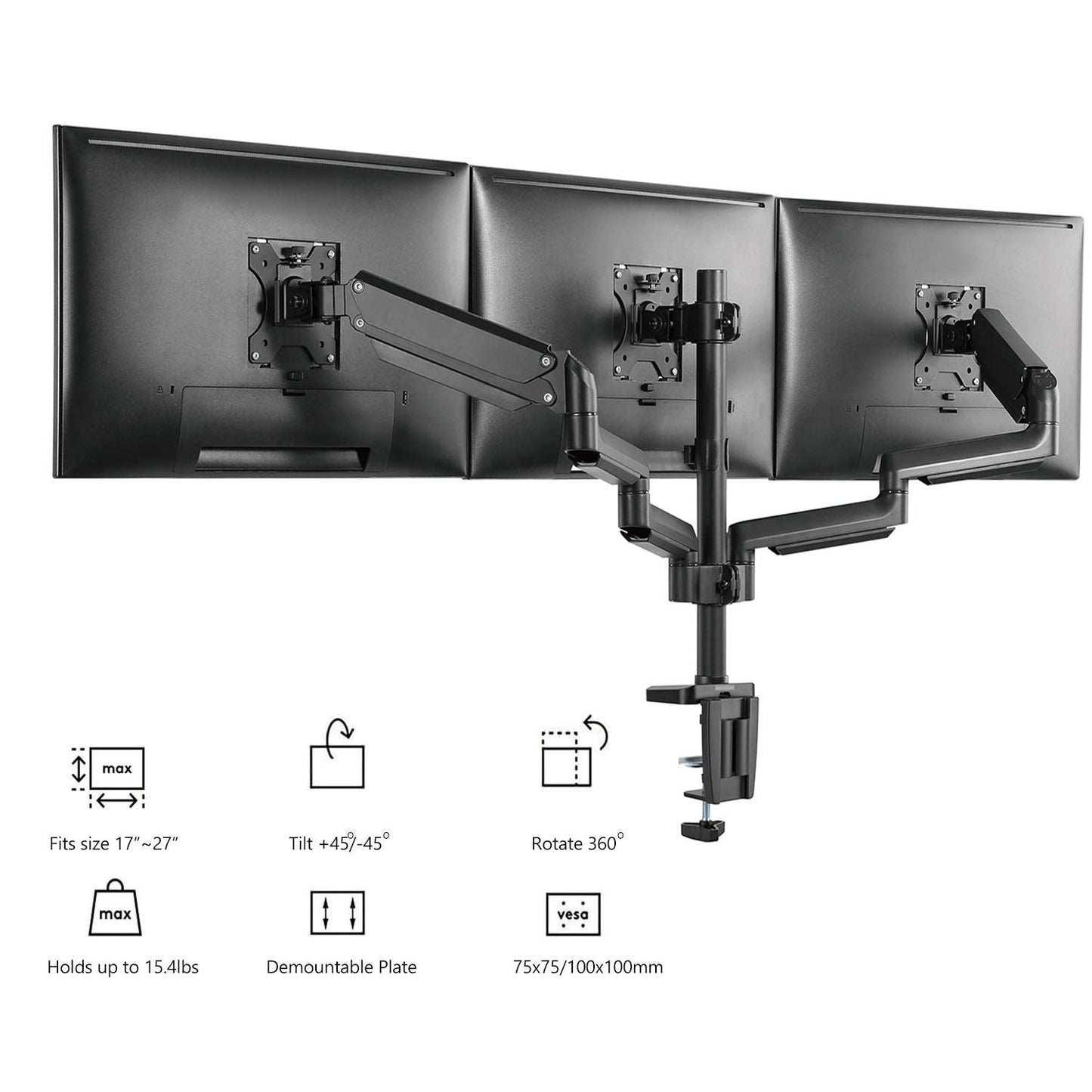 Triple Monitor Mount, 3 Monitor Stand Desk Mount with Premium Gas Spring Arm for Screens up to 27 inch, VESA 75x75 or 100x100 mm (GSDM003), Black