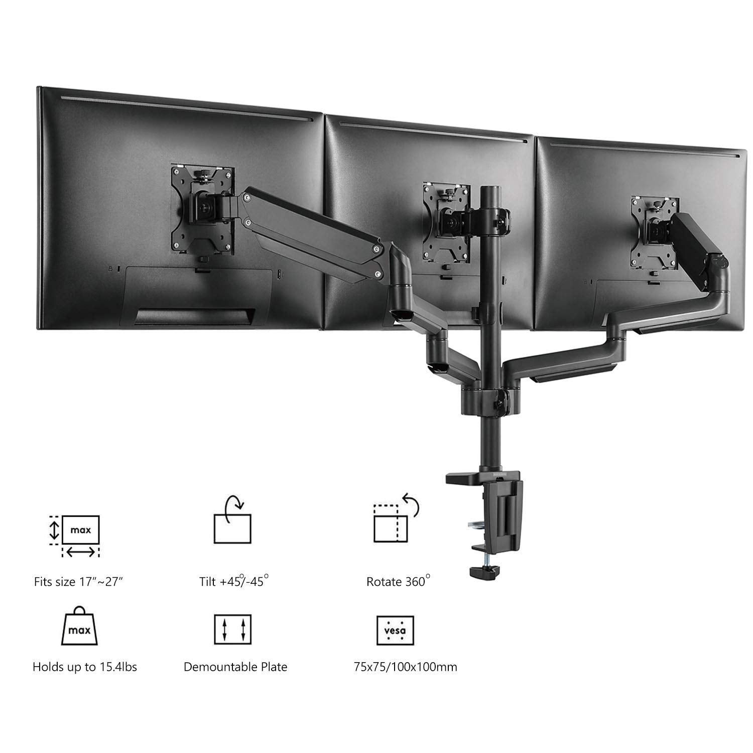 Triple Monitor Mount, 3 Monitor Stand Desk Mount with Premium Gas Spring Arm for Screens up to 27 inch, VESA 75x75 or 100x100 mm (GSDM003), Black
