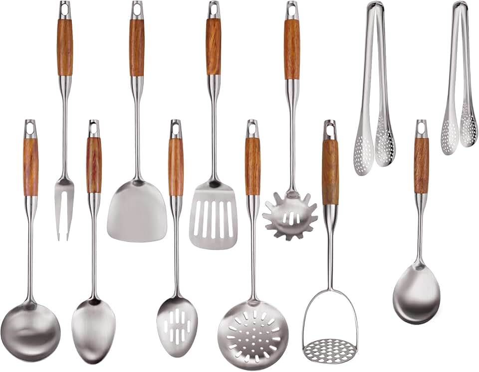 12-Piece Stainless Steel Kitchen Utensil Set with Wooden Handles