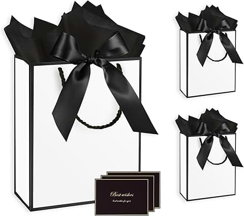 Set of 3 Medium White Gift Bags with Handles and Accessories