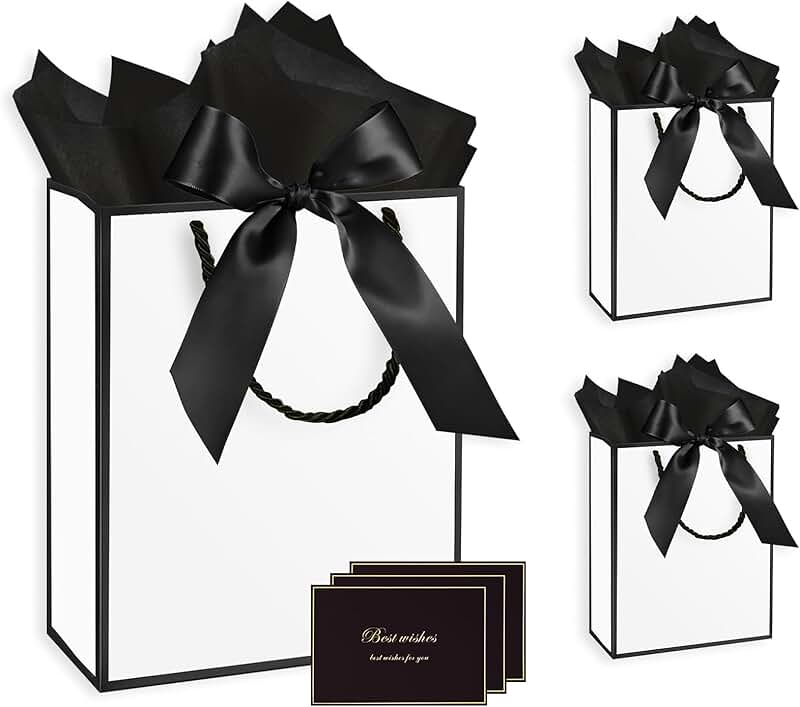 Set of 3 Medium White Gift Bags with Handles and Accessories