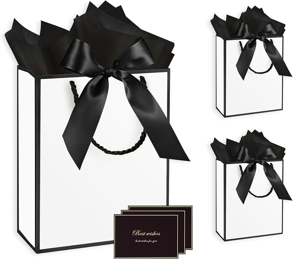 Set of 3 Medium White Gift Bags with Handles and Accessories