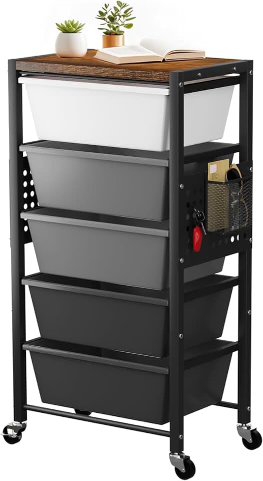Dark Grey 5-Drawer Rolling Cart with Wooden Top