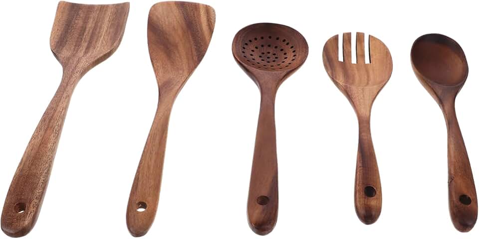 Set of Natural Wood Kitchen Utensils with Spatula Ladle and Fork