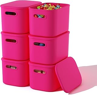Six Pink Stackable Storage Bins with Lids