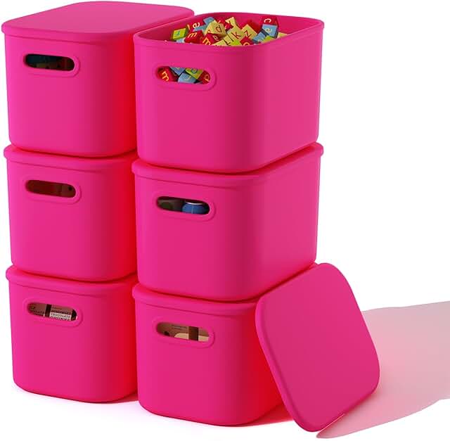 Six Pink Stackable Storage Bins with Lids