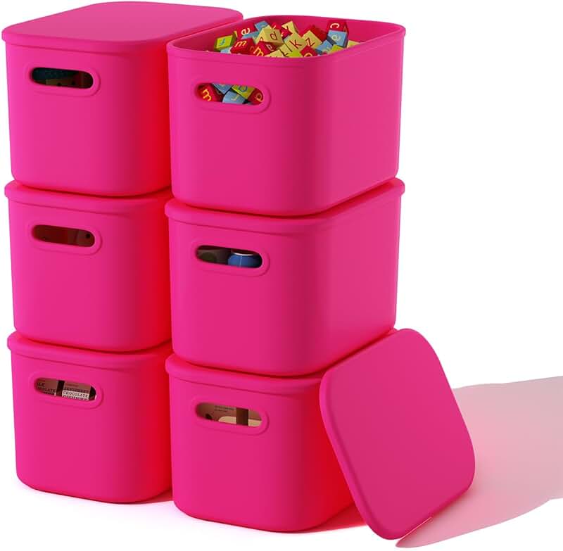 Six Pink Stackable Storage Bins with Lids