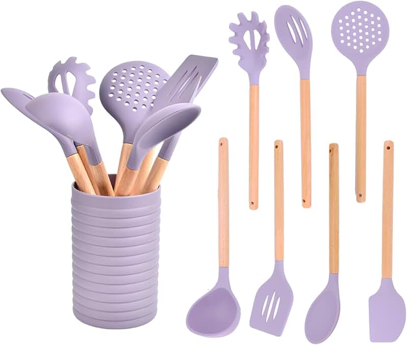 8-Piece Silicone Kitchen Utensil Set with Wooden Handles