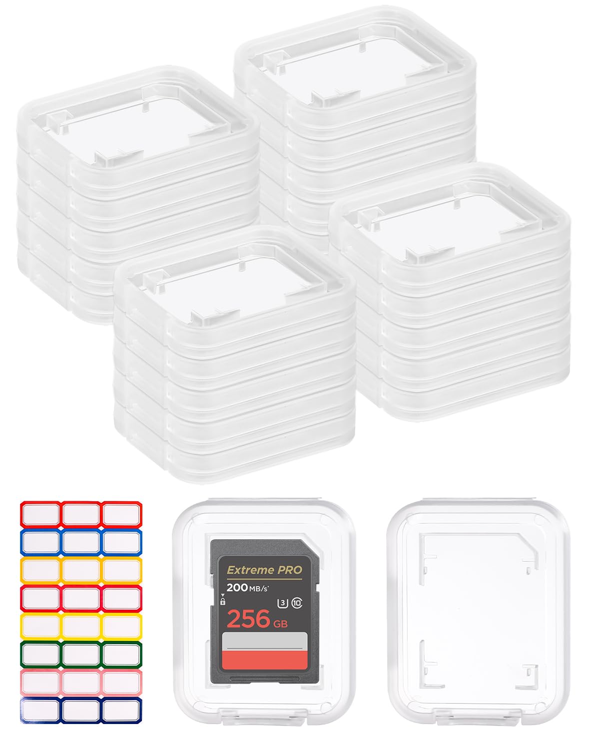 20-Pack Clear Plastic SD Card Cases with Color Labels