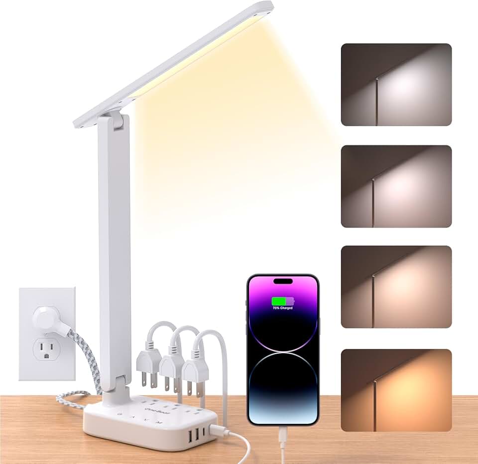 Power strip with LED desk lamp, 3 outlets, 4 USB ports