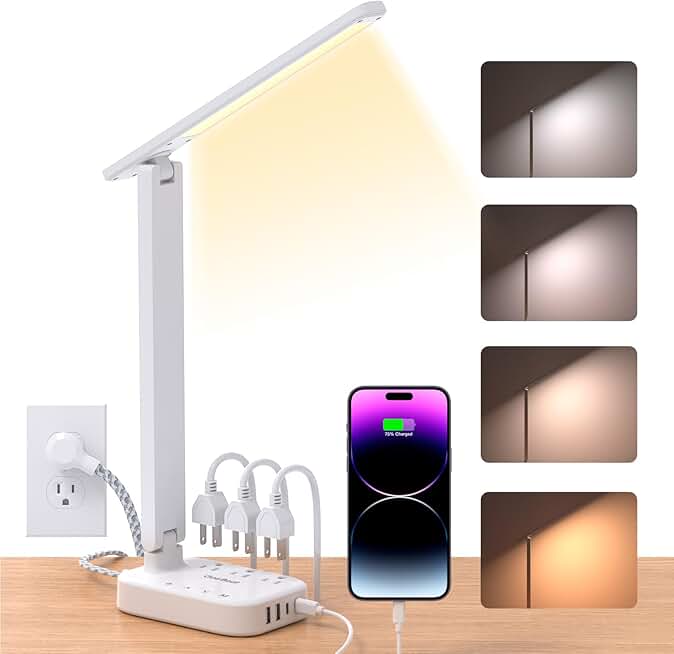Small desk lamp with power strip and USB ports