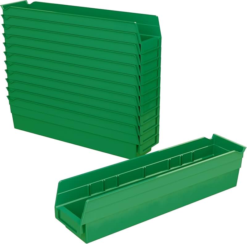 Heavy Duty Green Plastic Shelf Bins, 12-Pack