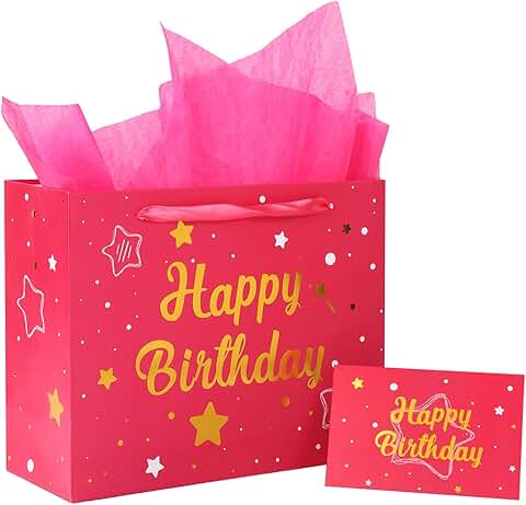 Pink birthday gift bag with tissue paper and card