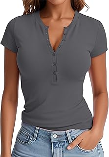 Women's 2025 Summer Casual Short Sleeve V-Neck Fitted Henley Shirts