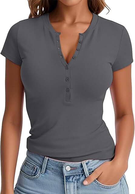 Women's 2025 Summer Casual Short Sleeve V-Neck Fitted Henley Shirts