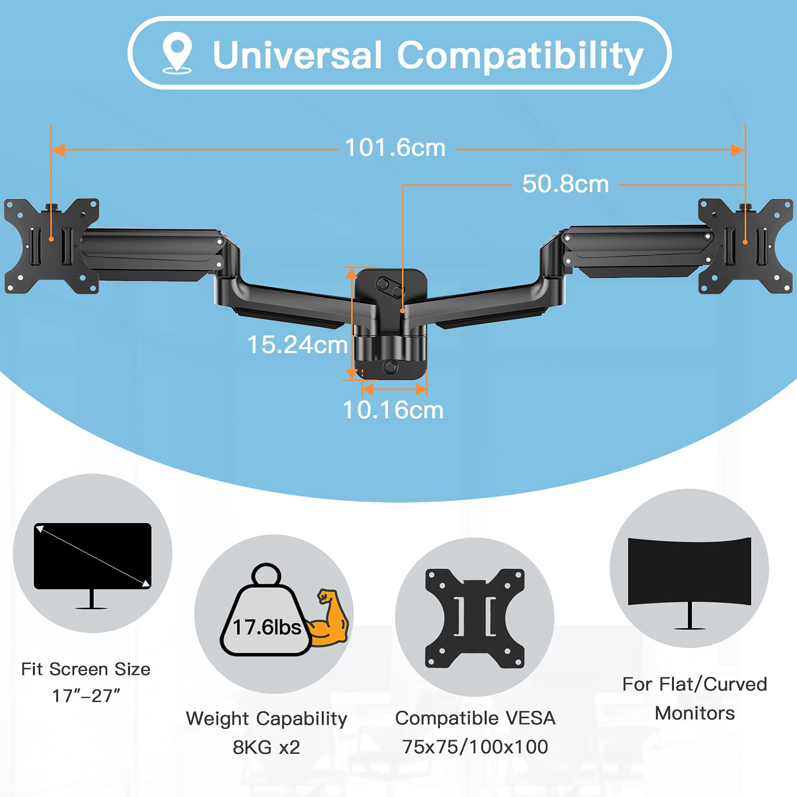 Dual Monitor Wall Mount, Gas Spring Computer Monitor Wall Mount Holds up to 17.6lbs Each Arm,Wall Mount Monitor Arm-with VESA 75x75/100x100 for 17 to 27 Inch Flat/Curved LCD Screen