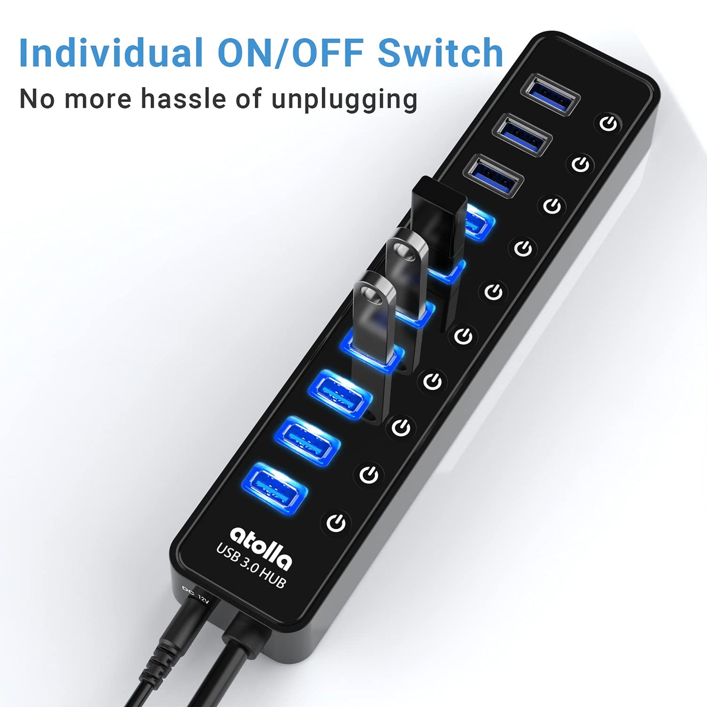 Powered USB 3.0 Hub, 10 Ports USB Data Hub Splitter with Individual ON/Off Switches and 12V/2.5A Power Adapter USB Extension for Mouse, Keyboard, Hard Drive or More USB Devices