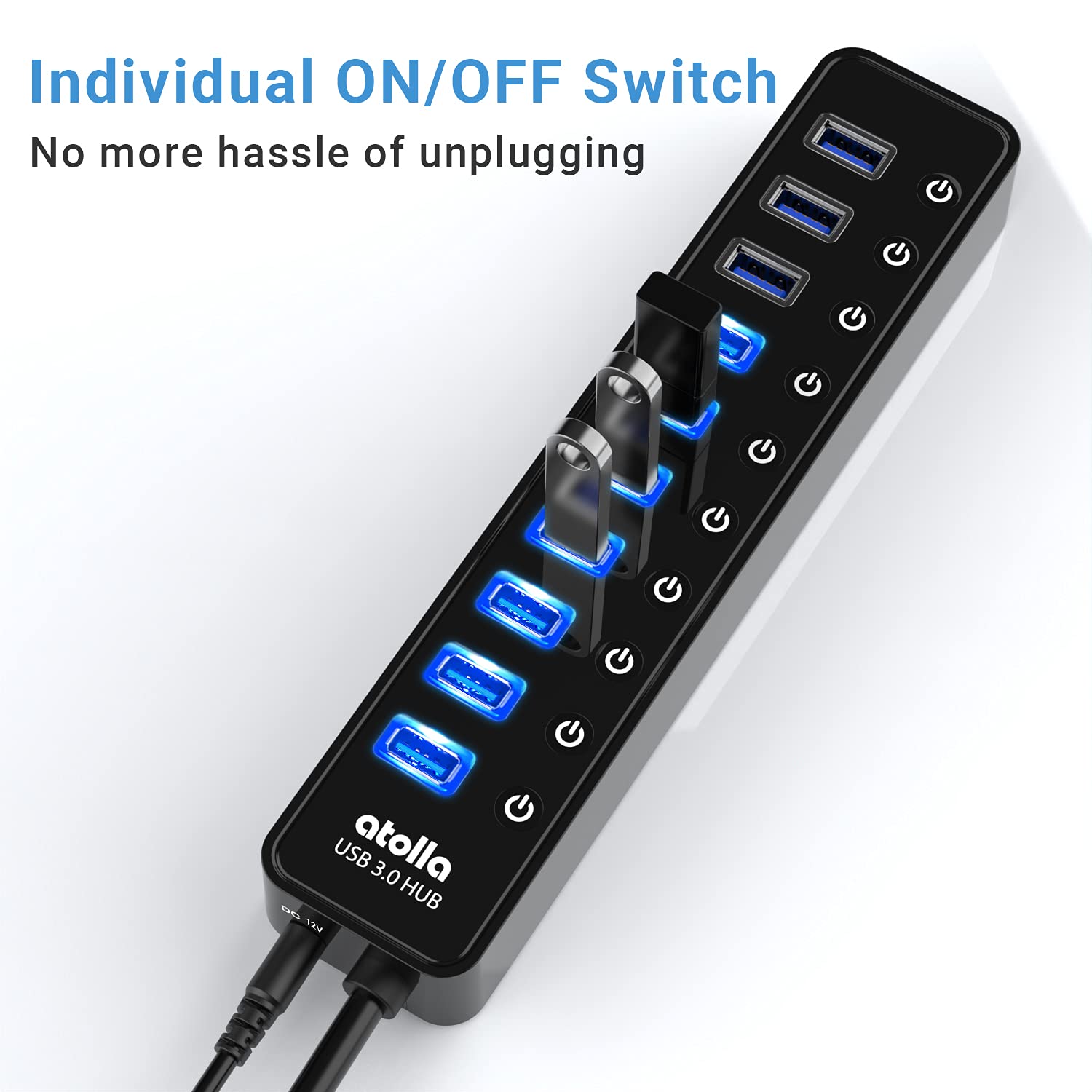Powered USB 3.0 Hub, 10 Ports USB Data Hub Splitter with Individual ON/Off Switches and 12V/2.5A Power Adapter USB Extension for Mouse, Keyboard, Hard Drive or More USB Devices