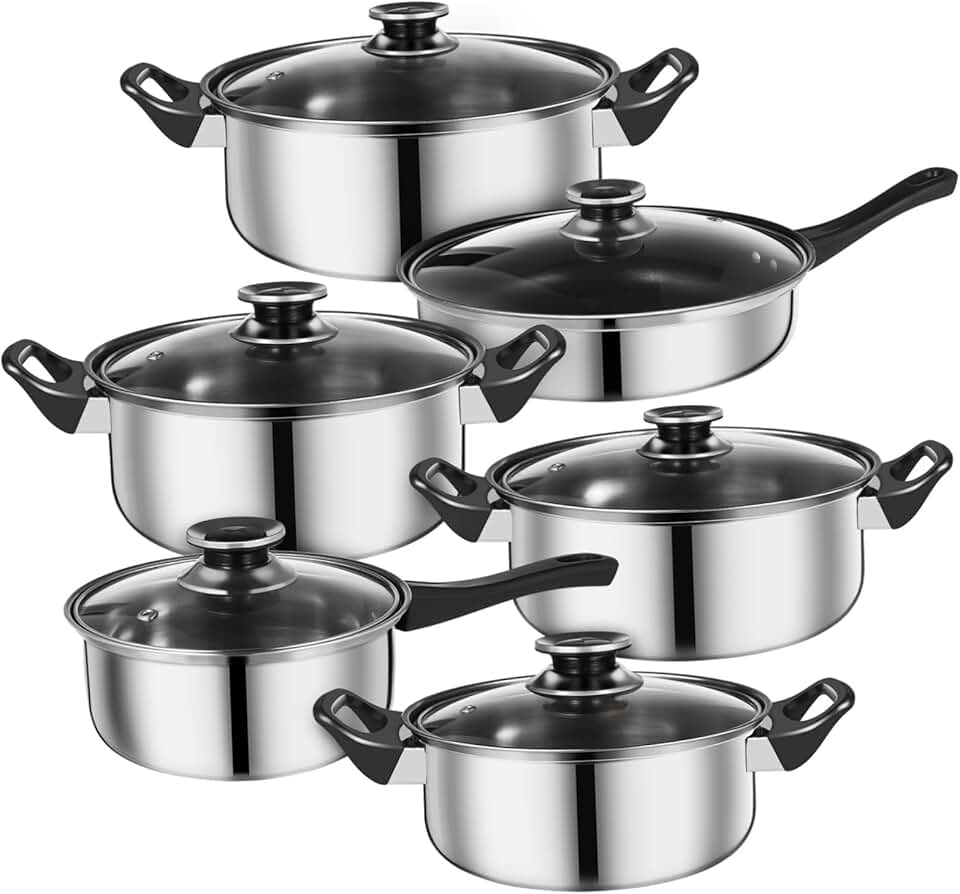 12-Piece Stainless Steel Cookware Set with Glass Lids