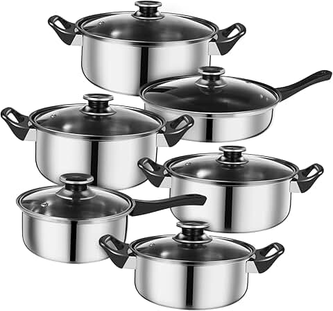 12-Piece Stainless Steel Cookware Set with Handles and Lids