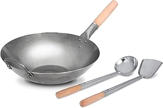 14-Inch Flat Bottom Carbon Steel Wok with Ladle and Spatula