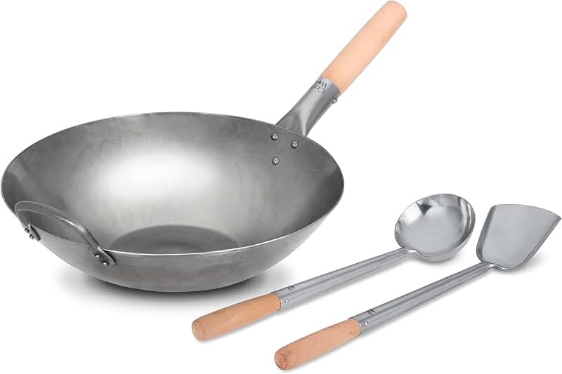 14-Inch Flat Bottom Carbon Steel Wok with Ladle and Spatula