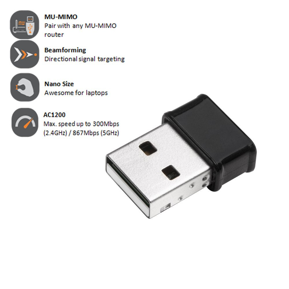Wi-Fi 5 Nano 802.11ac AC1200 Dual-Band Adapter for PC, Wireless AC USB Adapter Dongle, Up to 867Mbps (5GHz) / 300Mbps (2.4GHz) Fast Transfer, Win 11 Plug-n-Play, Mac OS, Linux, EW-7822ULC