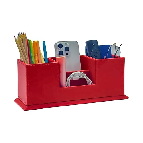 Red Leather Desk Organizer with Multiple Compartments